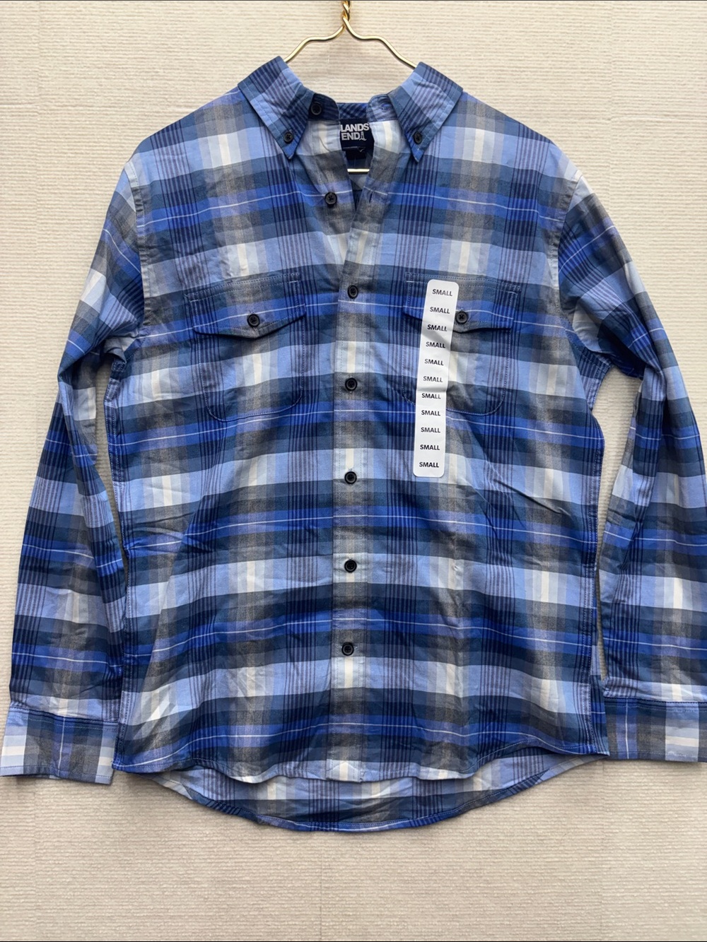 Lands' End Blue and White Plaid Button-Down Shirt Sm NWT